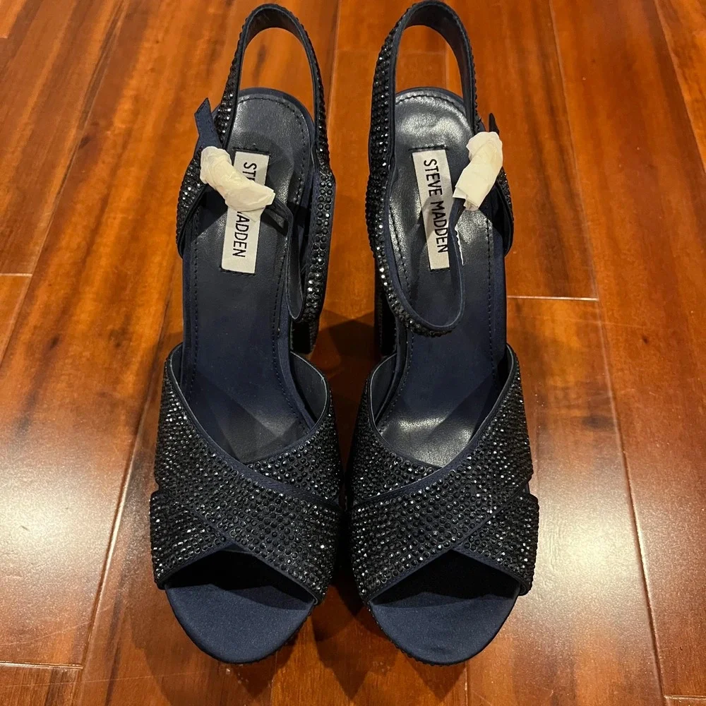 Steve Madden Blue Shoes Partytme Navy Rhinestone Platform Block Heel Sandal 9.5M